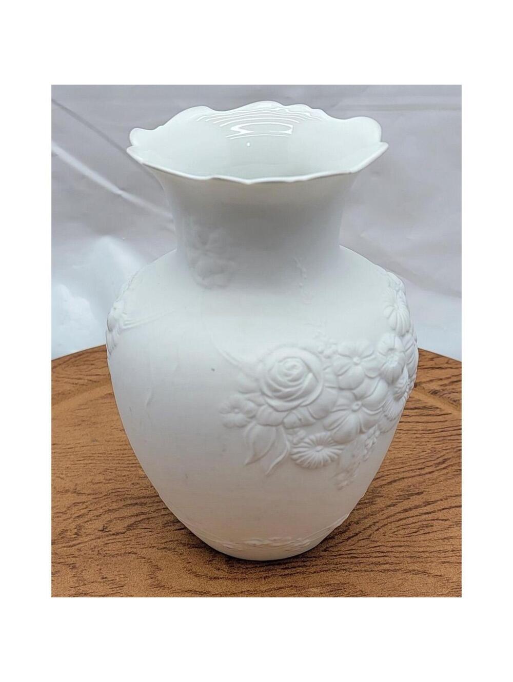 Kaiser Germany White Bisque Porcelain Vase Floral Relief Embossed Vintage
